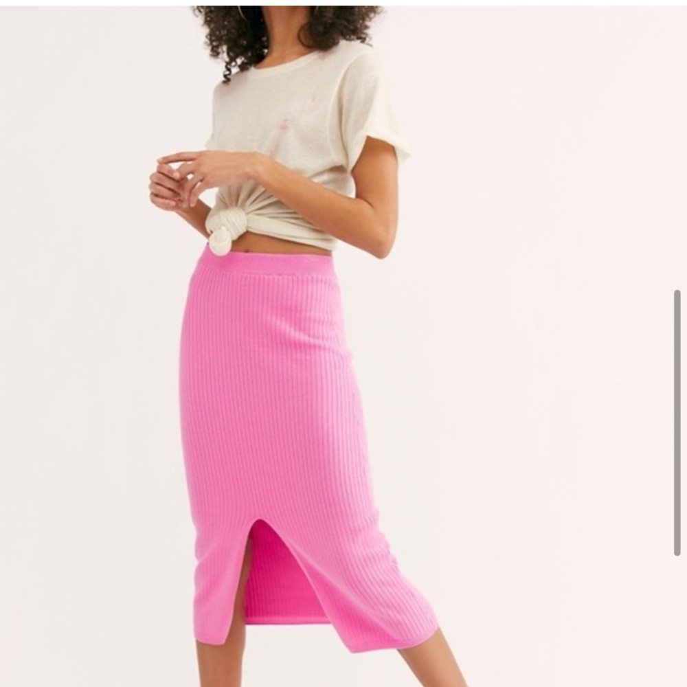 Free People Bright Pink Ribbed Midi Skirt